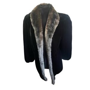 Vintage 60s Black Brown Faux Fur Mock Neck Fuzzy Winter Coat Jacket Medium Large